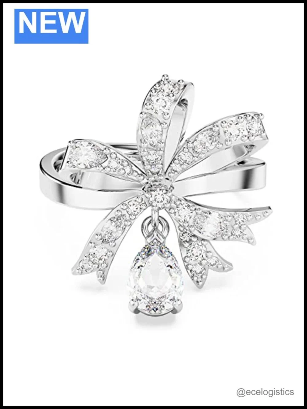 Cocktail Ring Bow Small Rhodium Finish Clear Crystal Size 5